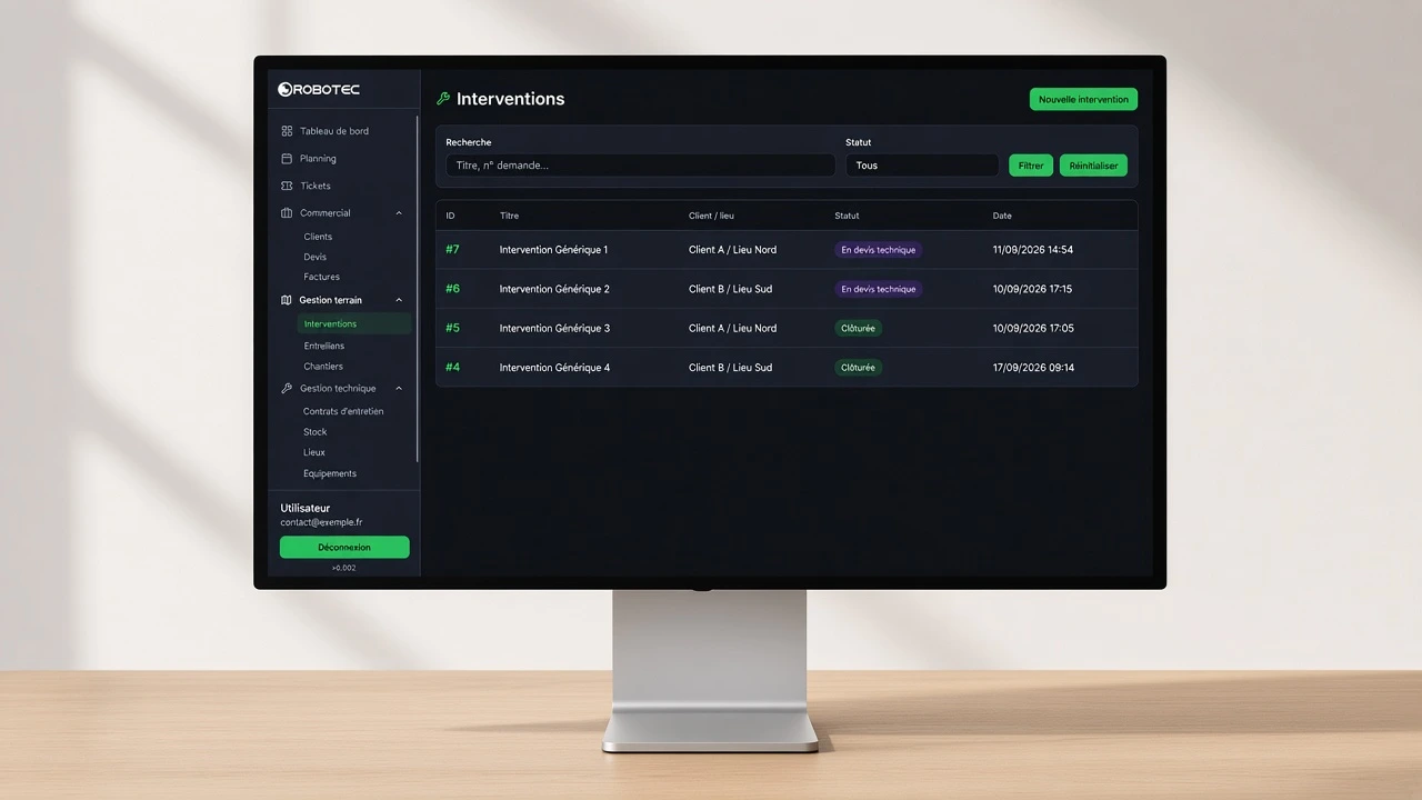 Application métier ERP CRM Robotec affichée sur un écran d'ordinateur, module Interventions