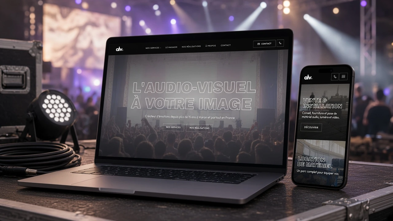 Site internet Audio Light Video affiché sur ordinateur et téléphone, hero audiovisuel